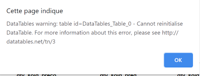 cannot reinizialise datatable error
